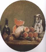 Cut melon and peach bottle still life etc Jean Baptiste Simeon Chardin
